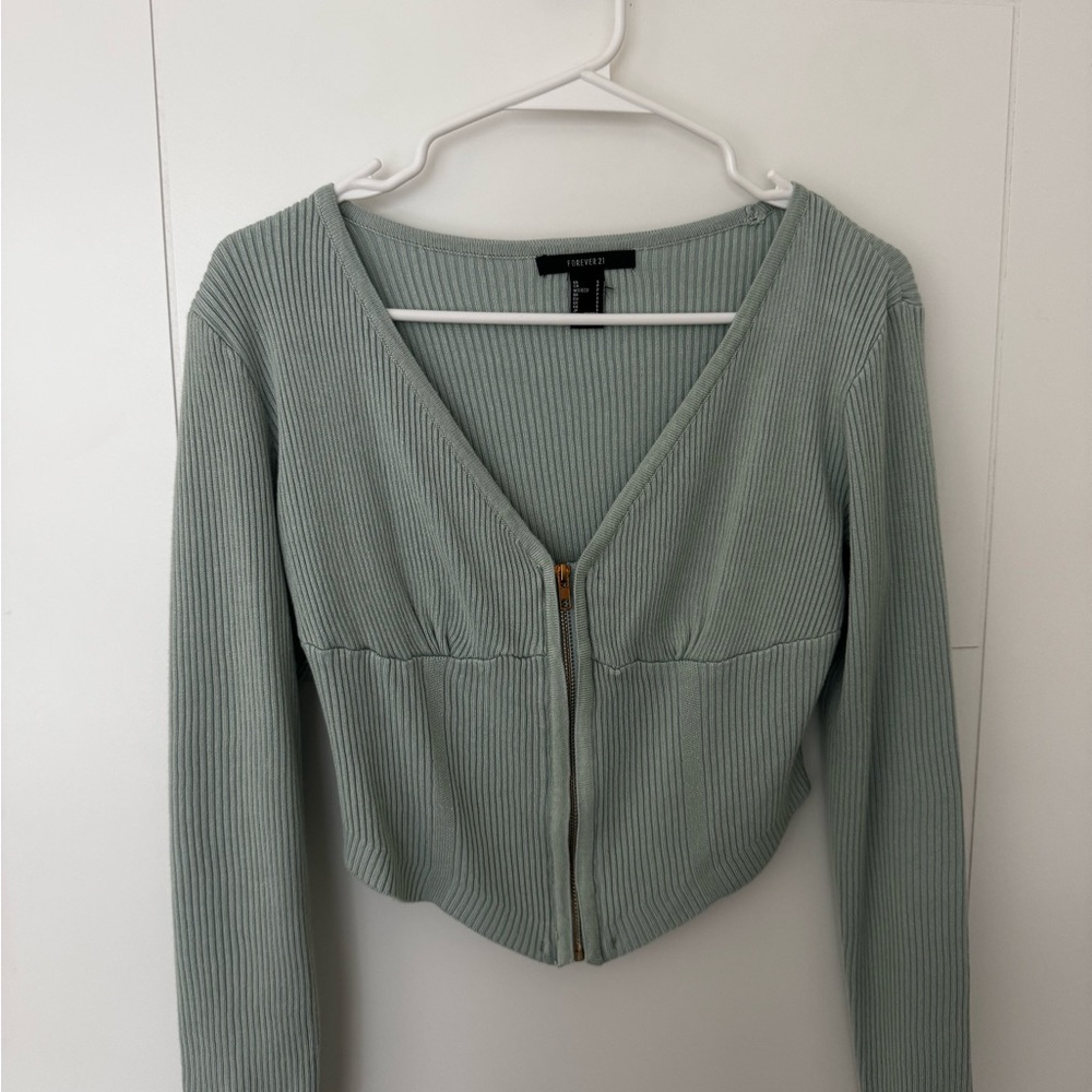 Forever 21 Ribbed Zip-Up Sweater in Light Green